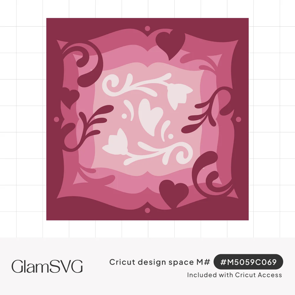 Square layered paper shadowbox in shades of pink and berry with hearts, tulip sprigs and decorative swirls