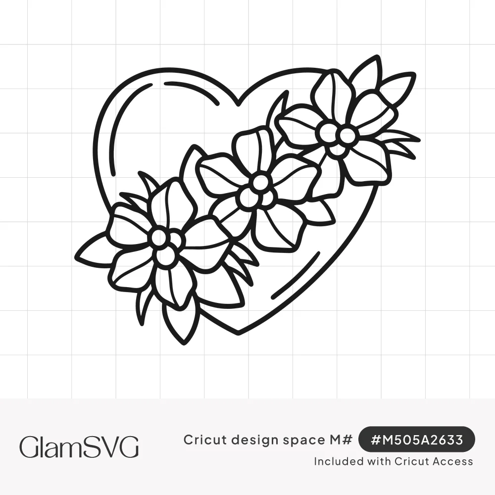 Black line art heart with three five-petal flowers and leaves trailing diagonally across it