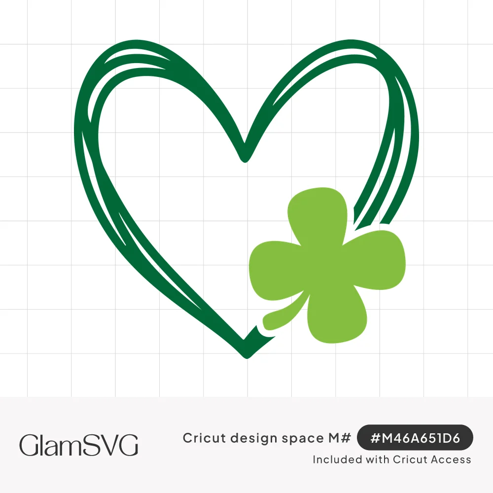 Hand-drawn dark green heart outline with a light green four-leaf clover at its bottom right corner