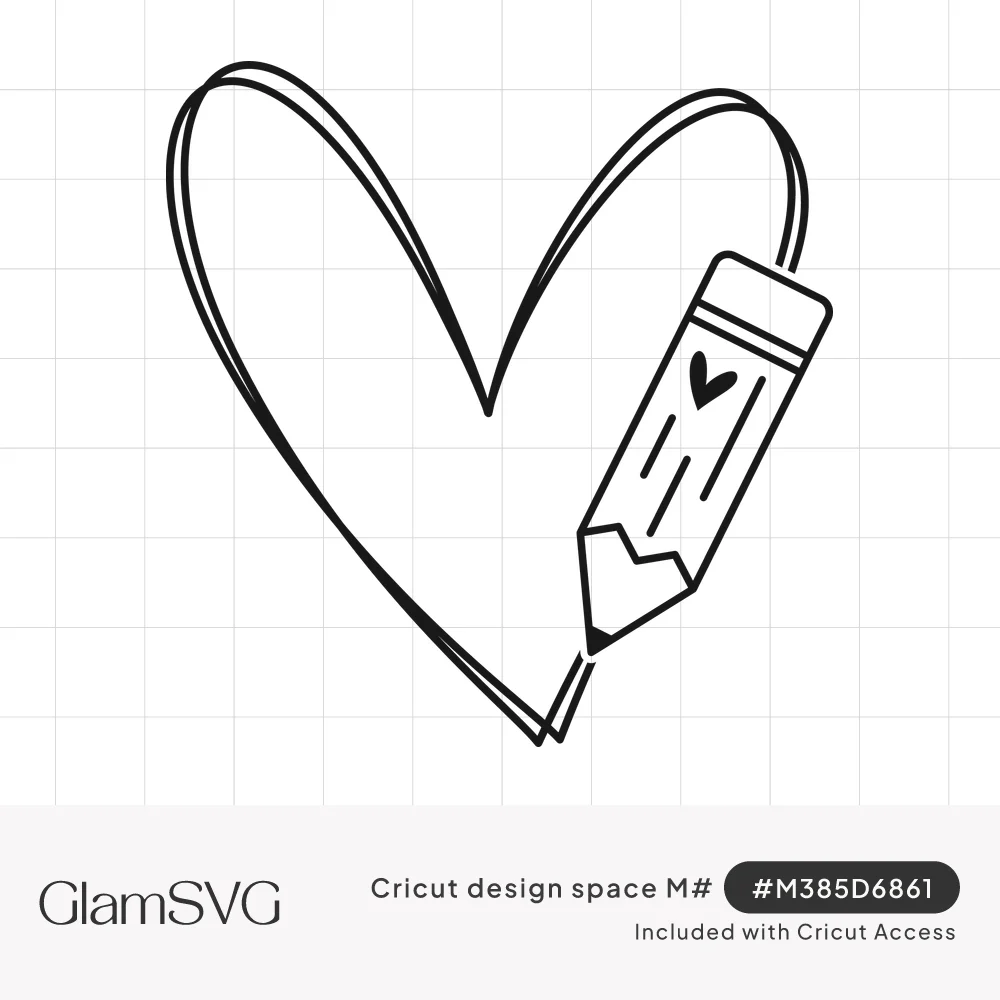 Black line art of a double-outline doodle heart being drawn by a pencil decorated with a small heart