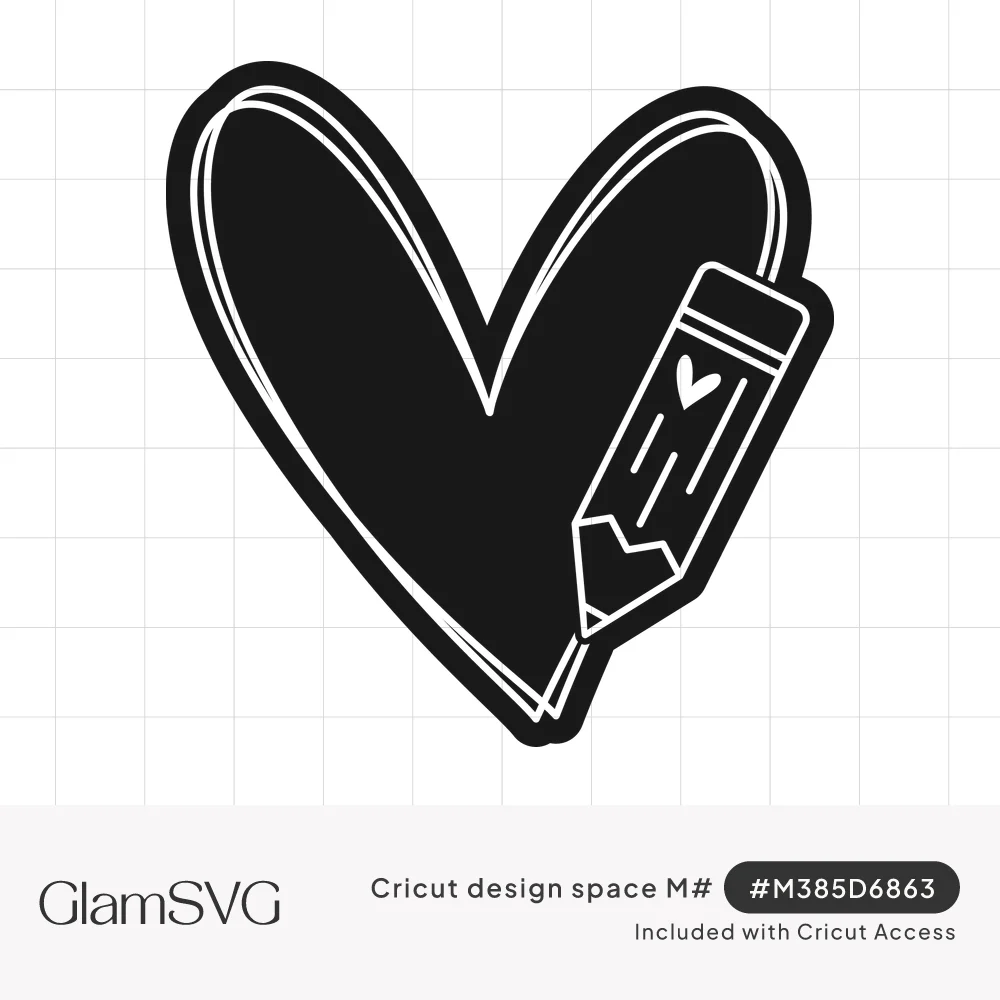 Black doodle-style heart with a white outline and a small pencil decorated with a tiny heart on its right side