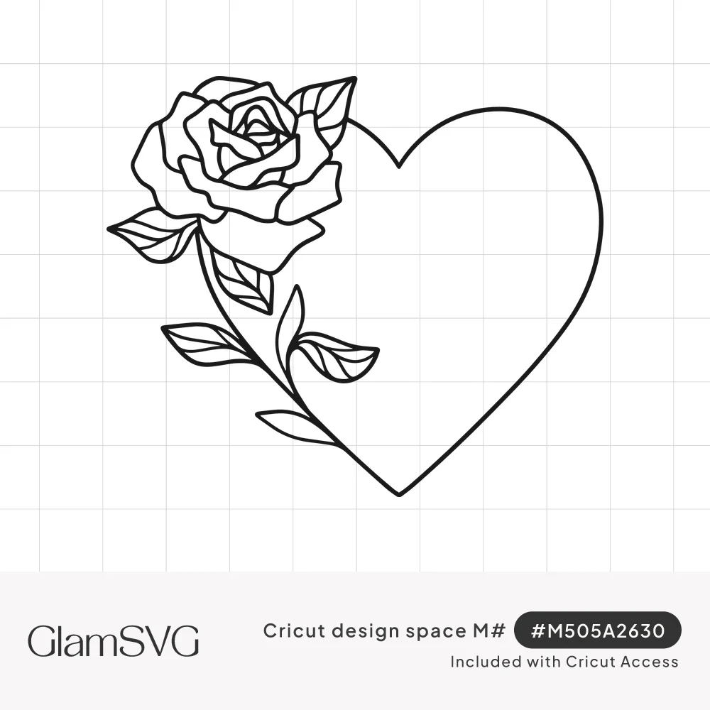 Black outline drawing of a heart with a blooming rose and leafy stem along its left side