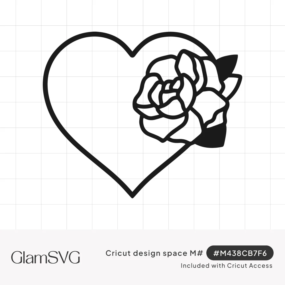Black line art heart outline with a blooming rose and two leaves tucked along its upper right edge