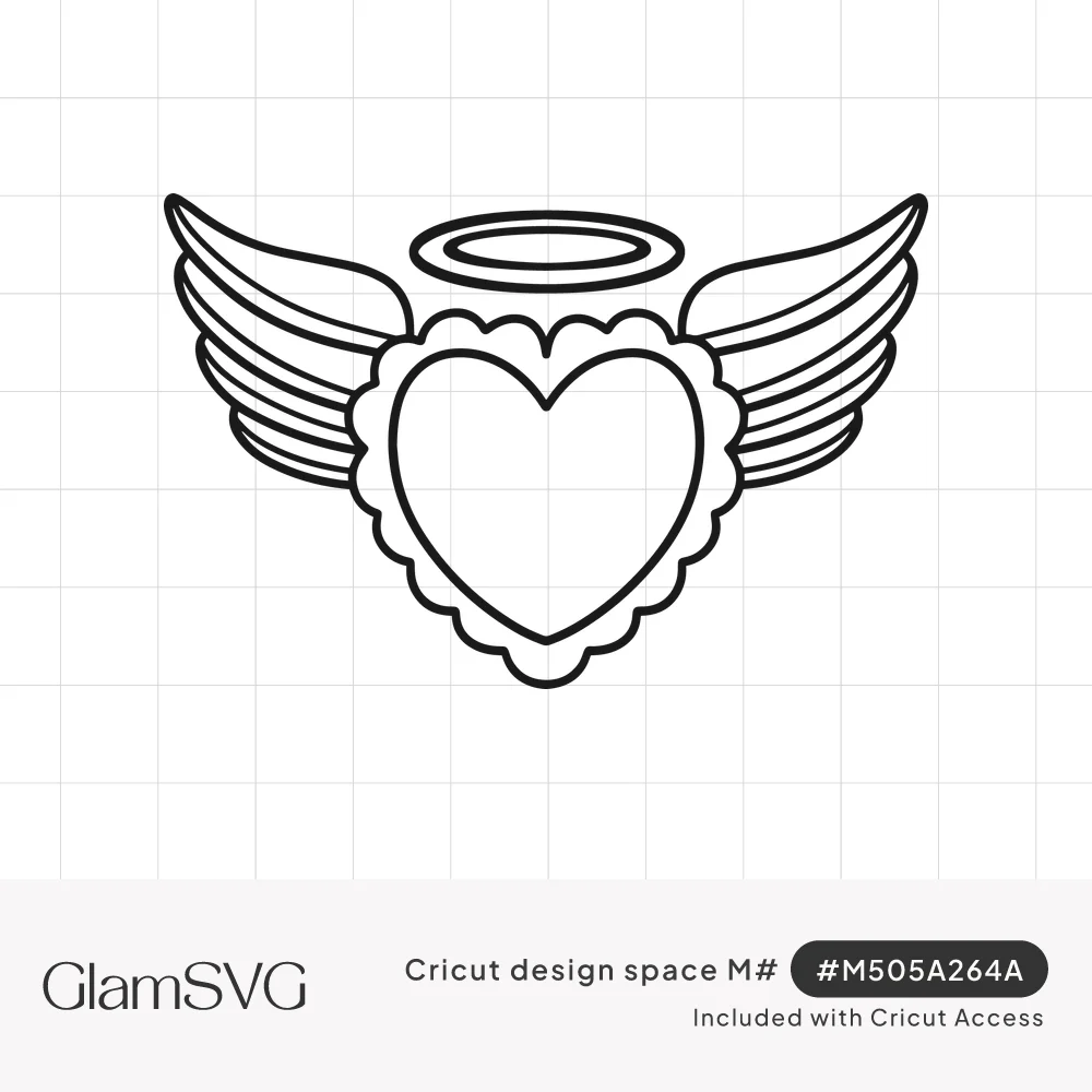 Black line art of a scalloped heart with feathered angel wings on both sides and a halo above it