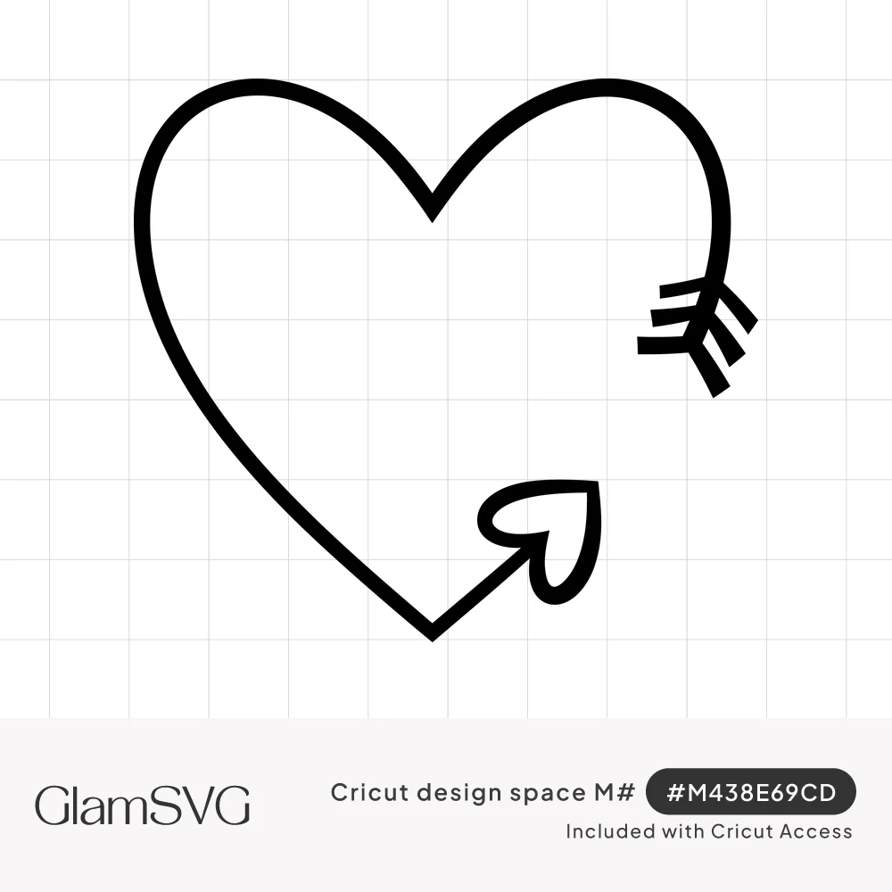 Black line drawing of a heart outline formed by an arrow with feather fletching and a small heart-shaped arrowhead