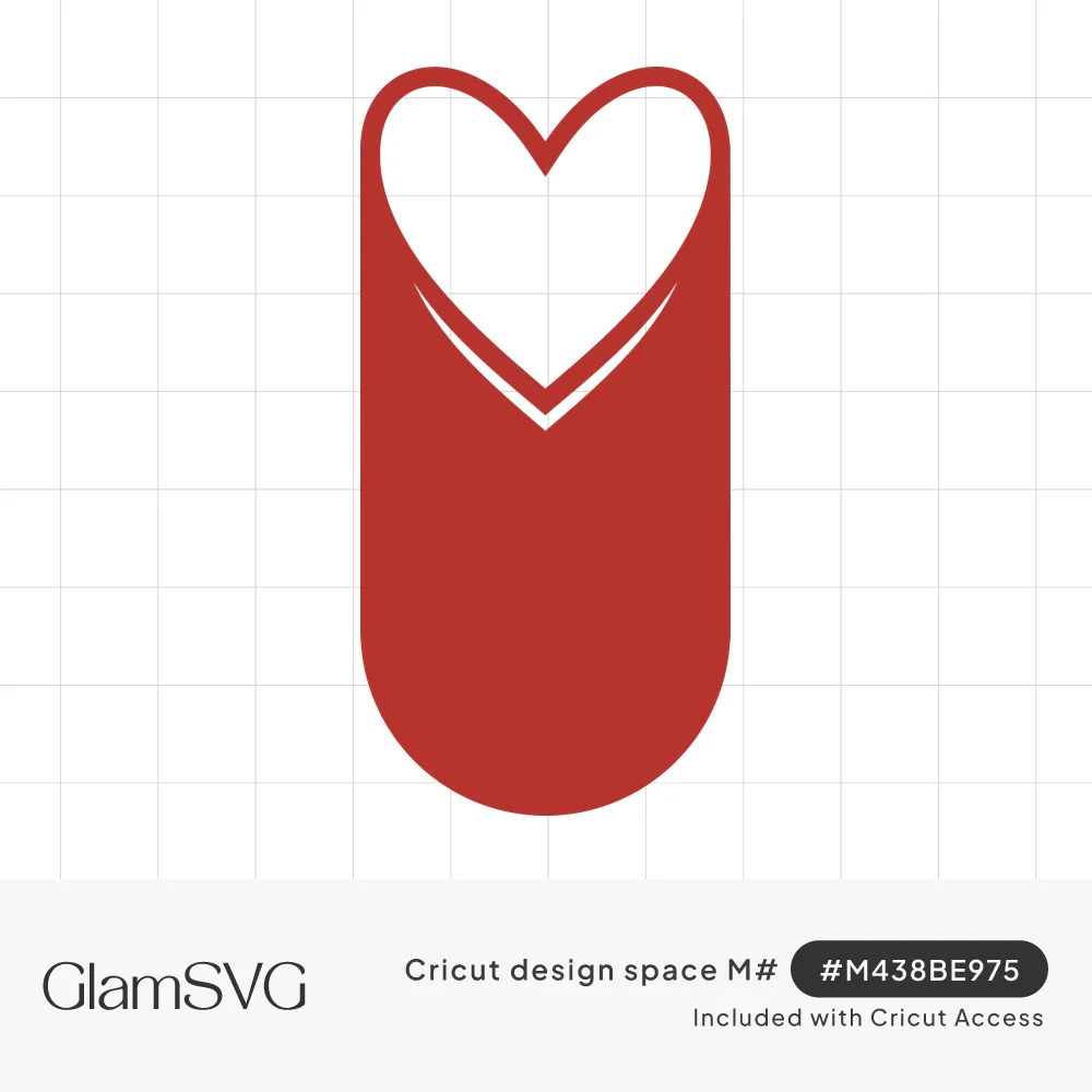 Red rounded bookmark shape with a white heart cutout at the top and a thin chevron line below it
