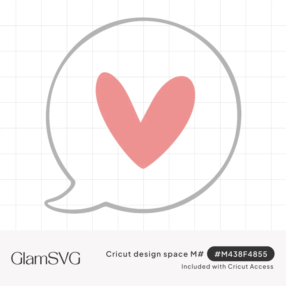 Pink hand-drawn heart inside a round gray outlined speech bubble with a small tail at the lower left