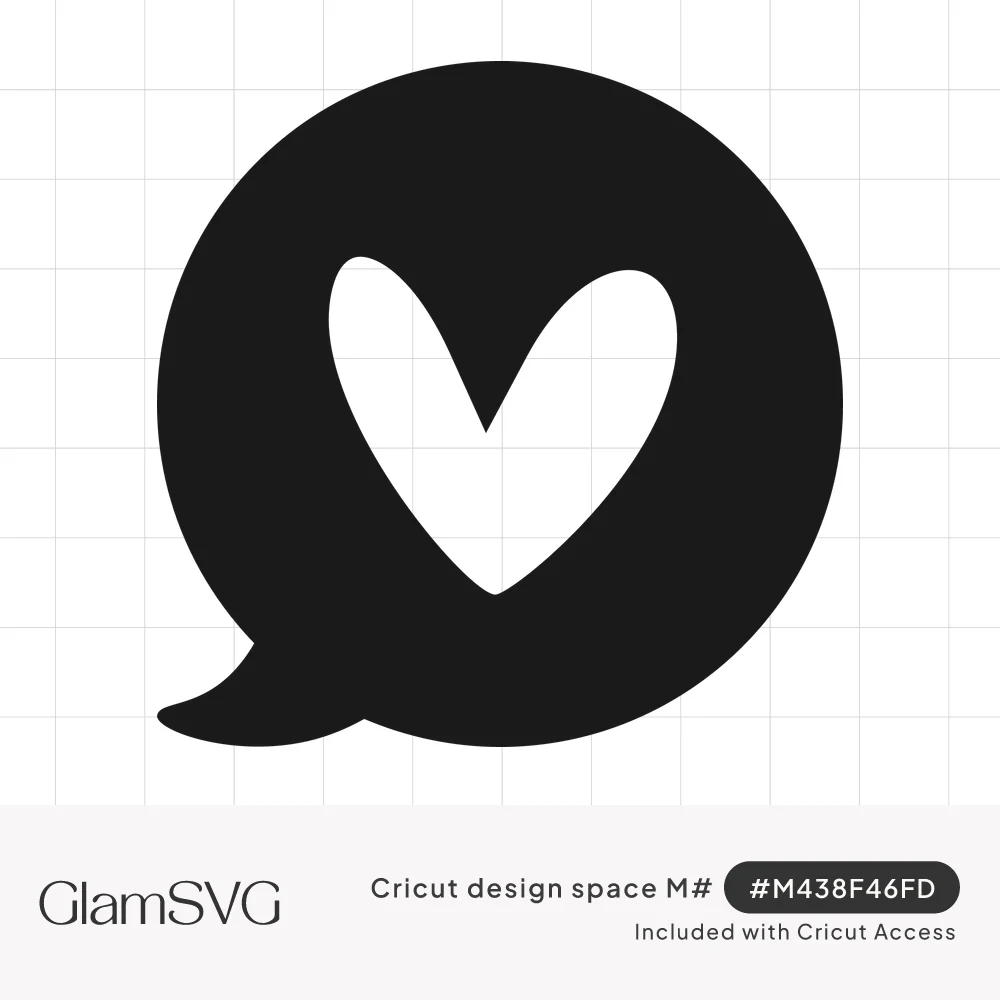 Black round speech bubble icon with a white heart cut out in the center and a small tail at the lower left