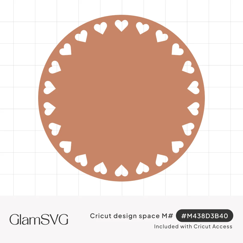 Terracotta circle with a ring of small white cut-out hearts around the edge and a plain open center