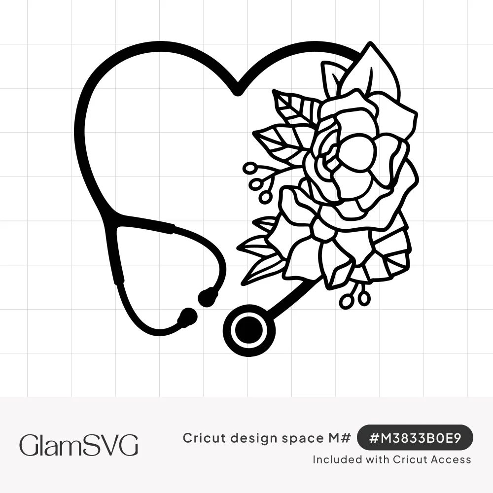 Black line art stethoscope forming a heart shape with a large rose bloom, leaves and berry sprigs on one side