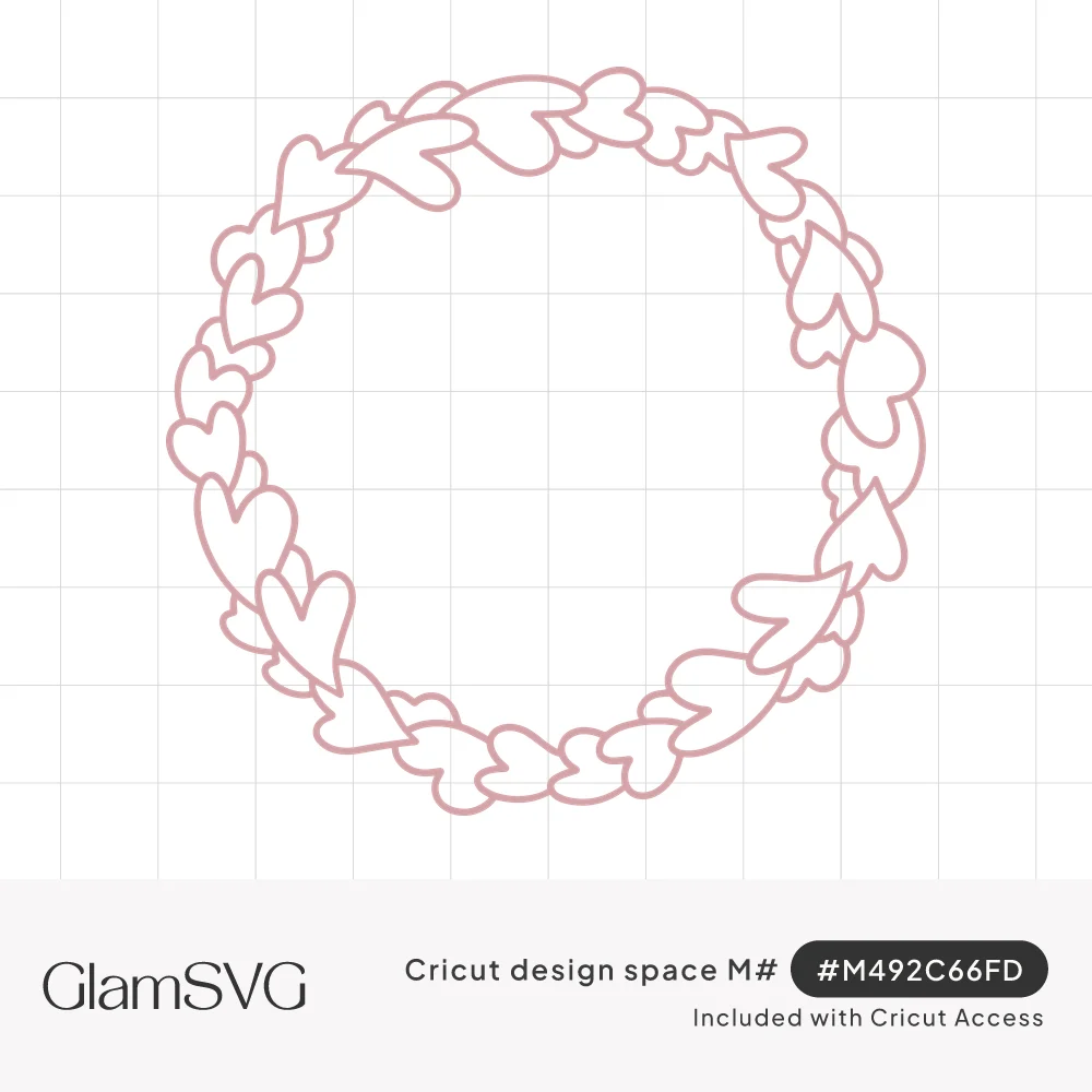 Circular wreath frame made of overlapping outlined hearts in soft pink with an empty center