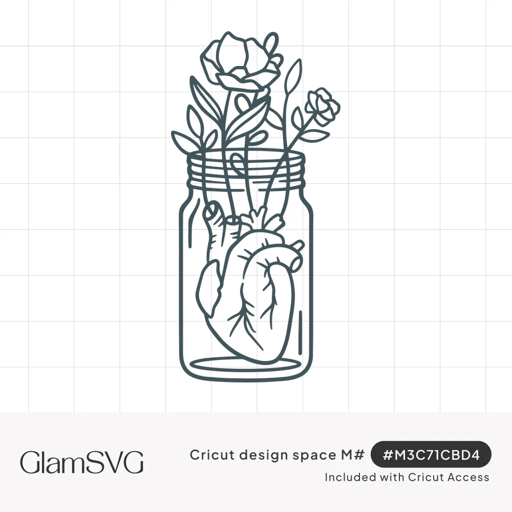 Line drawing of an anatomical heart inside a mason jar with roses and leafy stems growing out of the top
