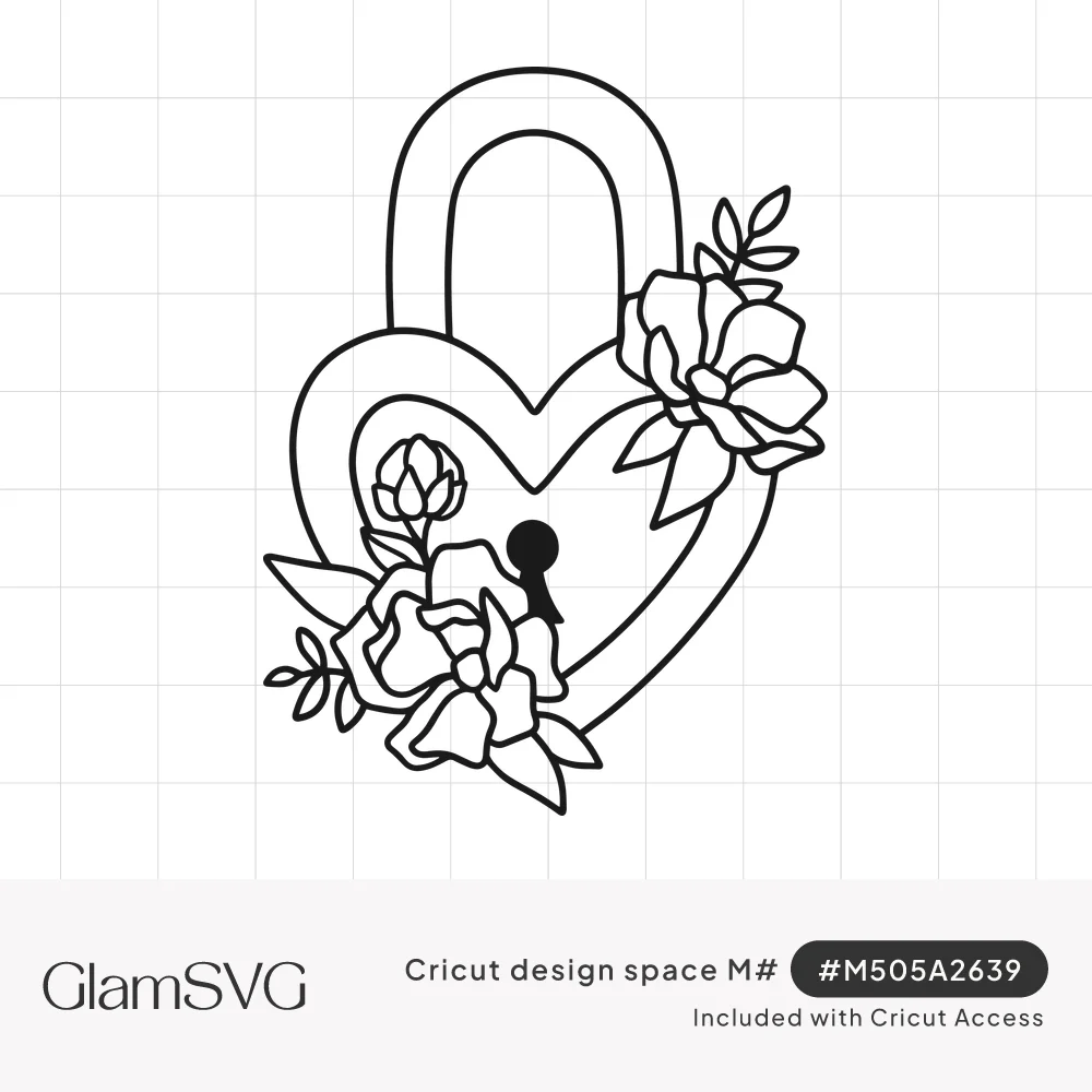 Black line art of a heart-shaped padlock with a keyhole, decorated with roses, a rosebud and leaves