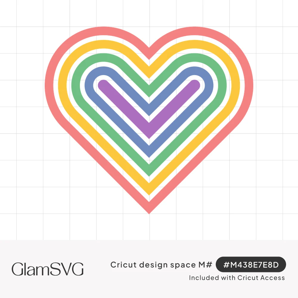 Heart made of five nested outlines in coral, yellow, green, blue and purple rainbow colors on a white background