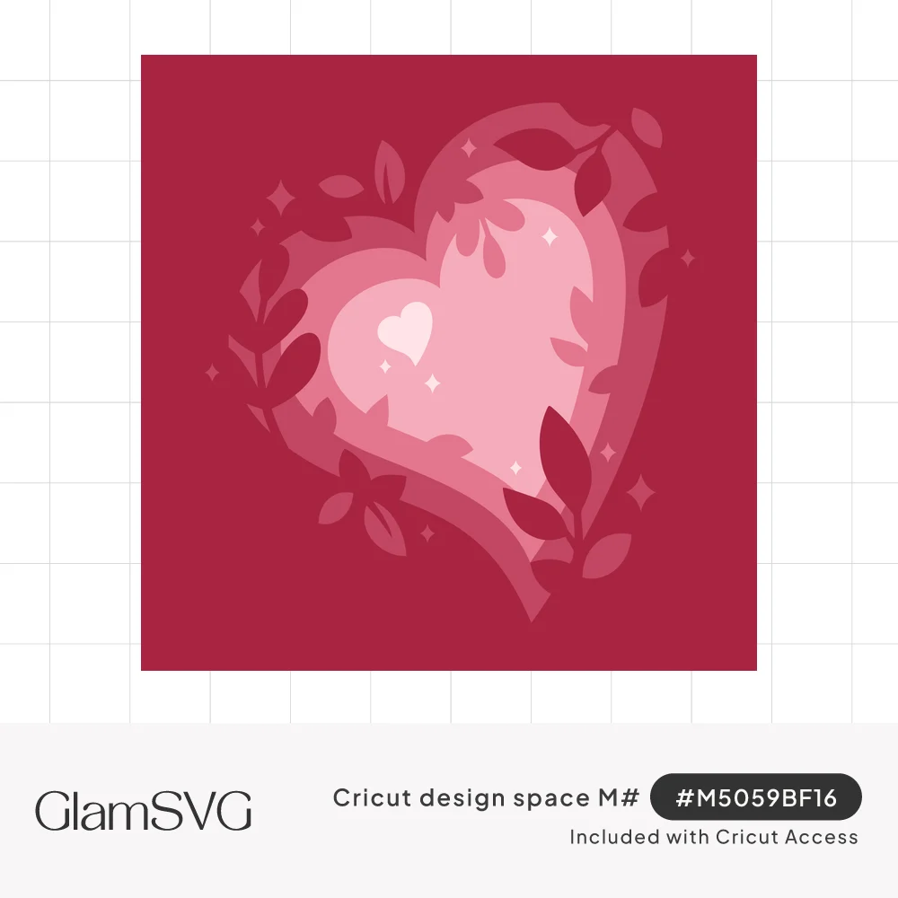 Layered heart in berry and pink shades surrounded by leaves and small sparkles, with a tiny heart at the center