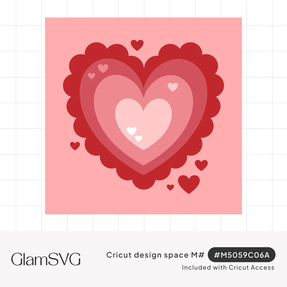 Layered heart in red and pink shades with a scalloped outer edge and small hearts floating around it on pink
