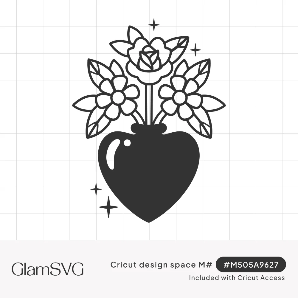 Black heart-shaped vase holding an outlined rose and two daisies with leaves, surrounded by small sparkles