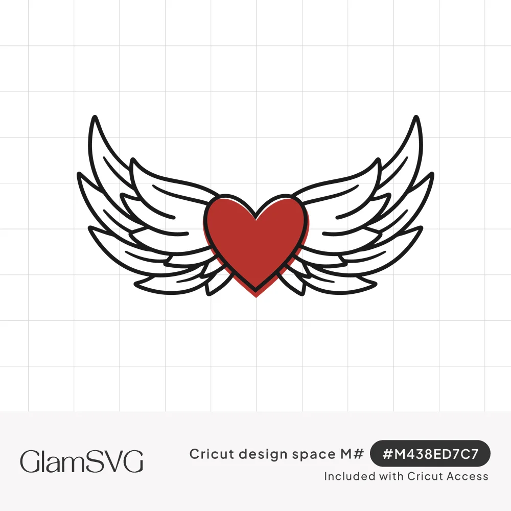 Red heart with outspread white feathered angel wings drawn in thick black outlines