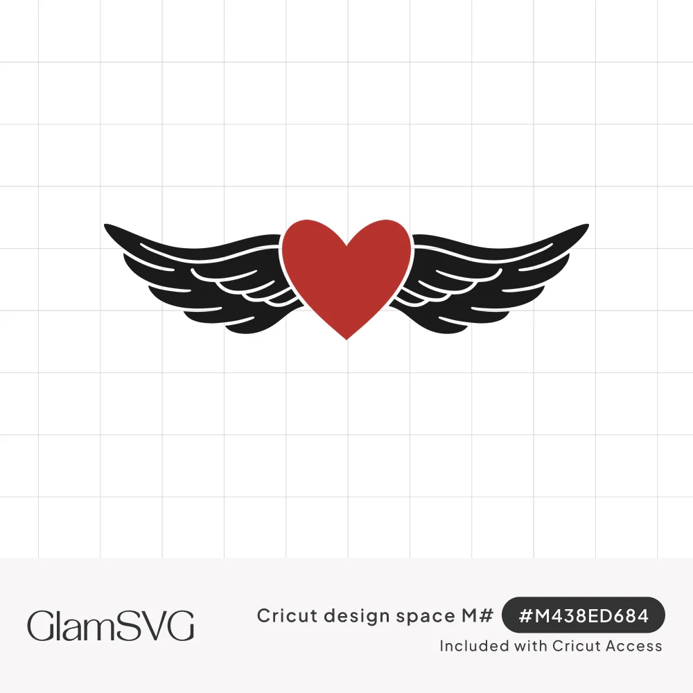 Red heart in the center of spread black angel wings with white feather detail lines