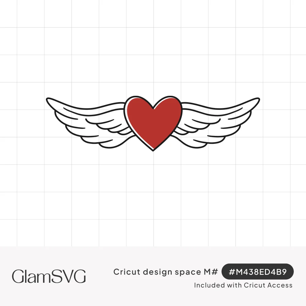 Red heart in the center of wide white feathered angel wings with black outlines