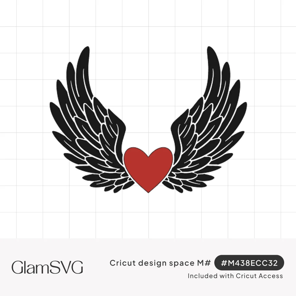 Black feathered angel wings spreading outward from a small red heart in the center