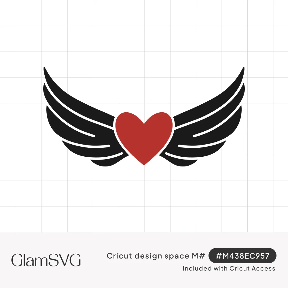 Red heart centered between two spread black angel wings with layered feathers