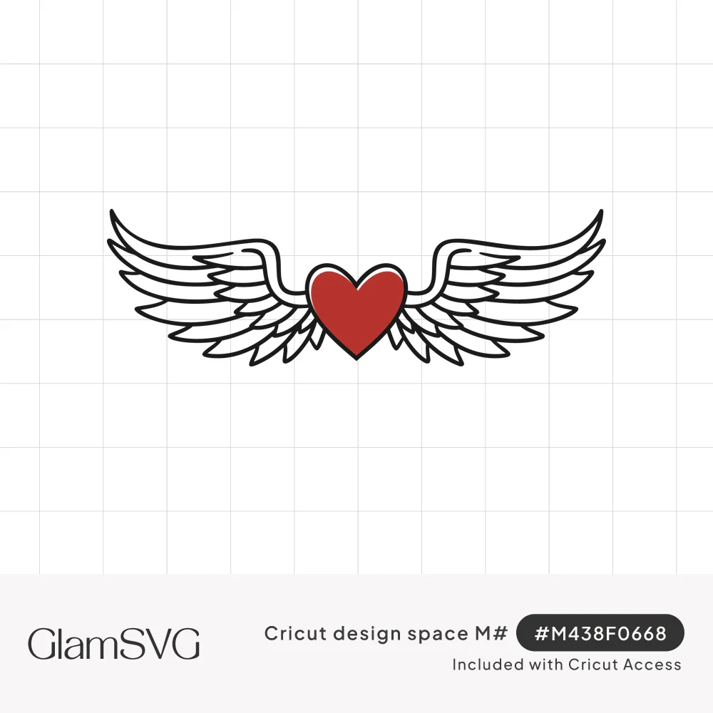 Red heart in the center of two outstretched white feathered angel wings outlined in black