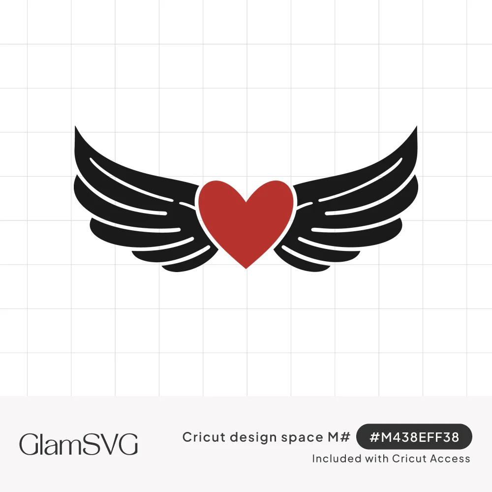 Red heart at the center of spread black angel wings with white feather lines