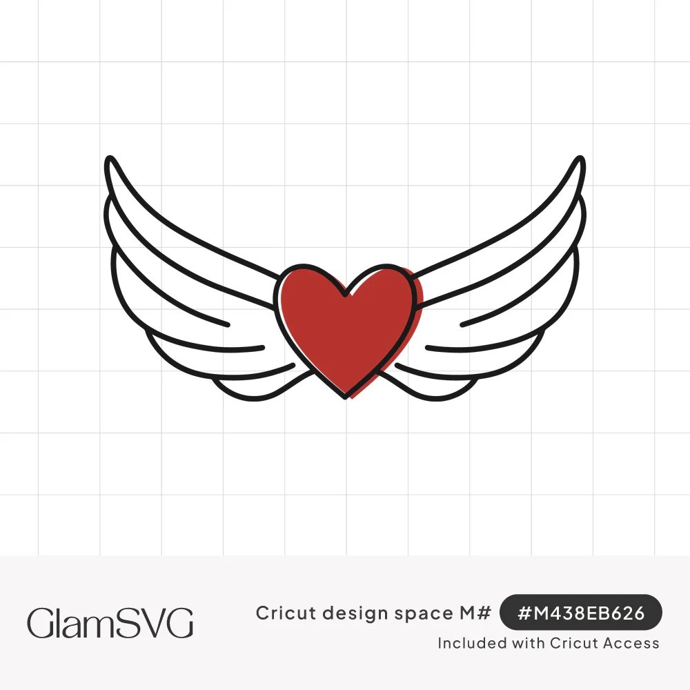 Red heart centered between two outstretched white angel wings drawn in black outline line art