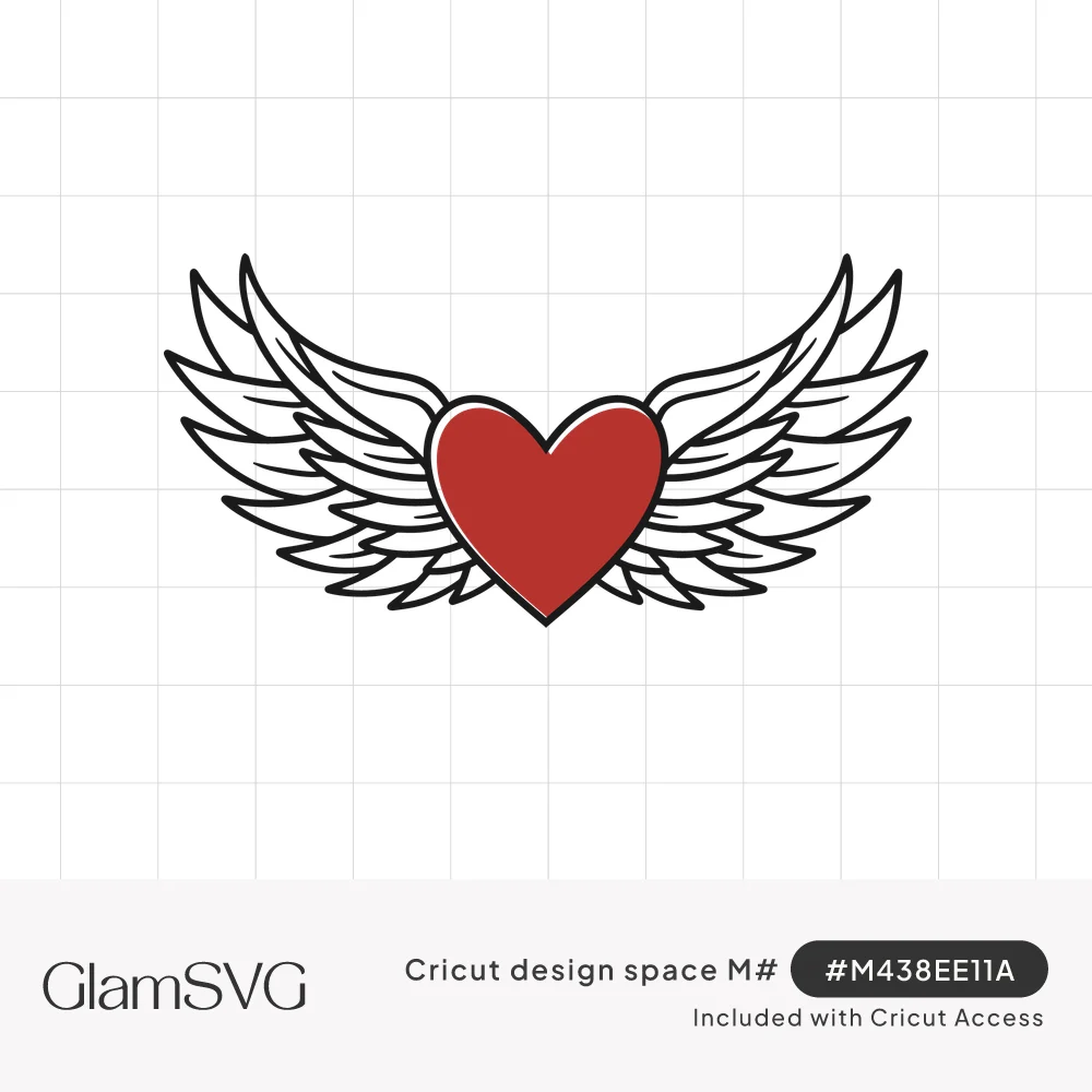 Red heart centered between two spread feathered angel wings outlined in black on a white background