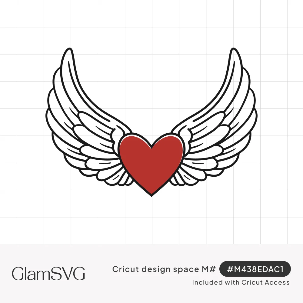 Red heart centered between two outlined white feathered angel wings curving upward on either side