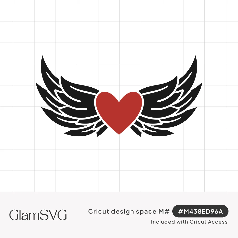 Red heart in the center of spread black feathered angel wings in a bold tattoo style