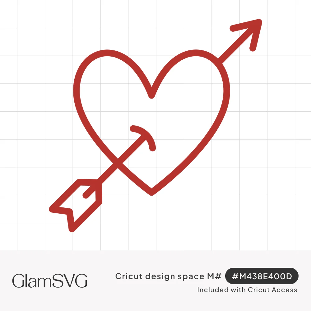 Red line drawing of an outlined heart pierced diagonally by an arrow with a feathered tail and pointed tip