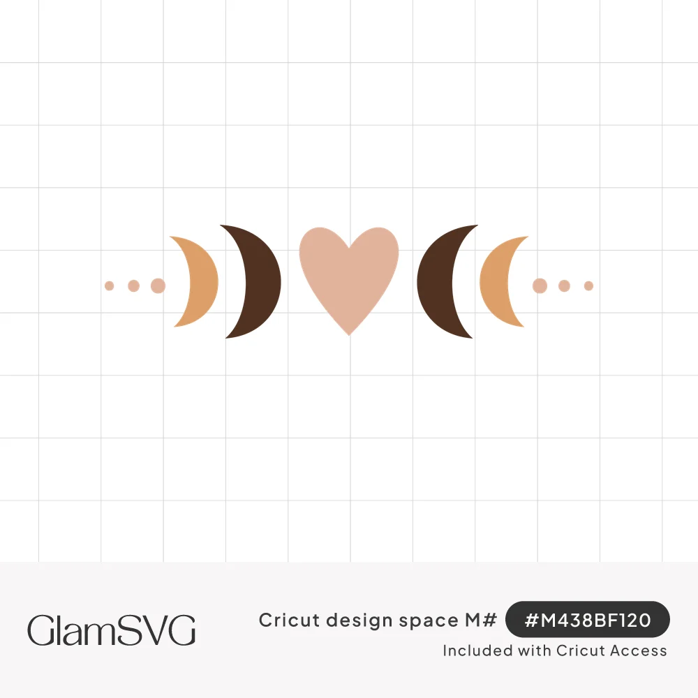 Pink heart centered between mustard and dark brown crescent moons with small dots trailing out on both sides