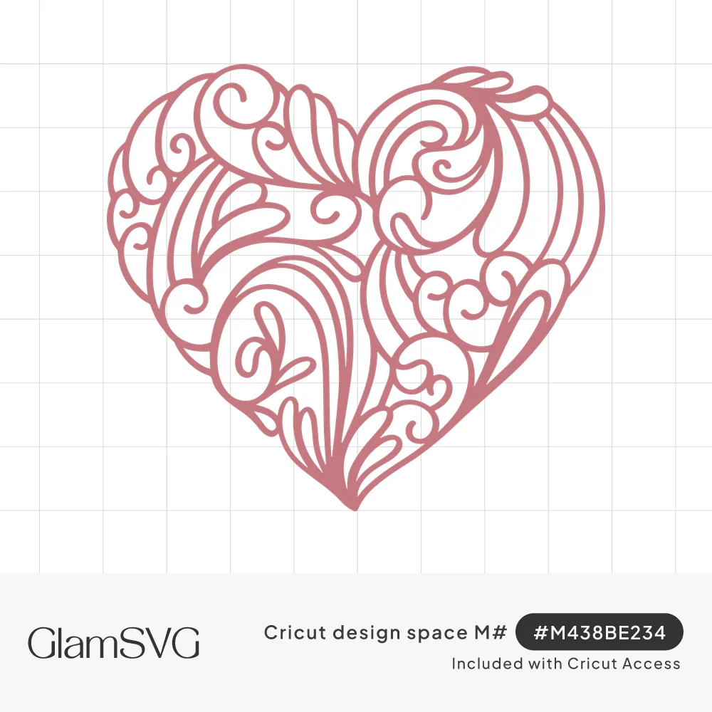 Heart shape filled with ornate swirling filigree flourishes in dusty rose line art