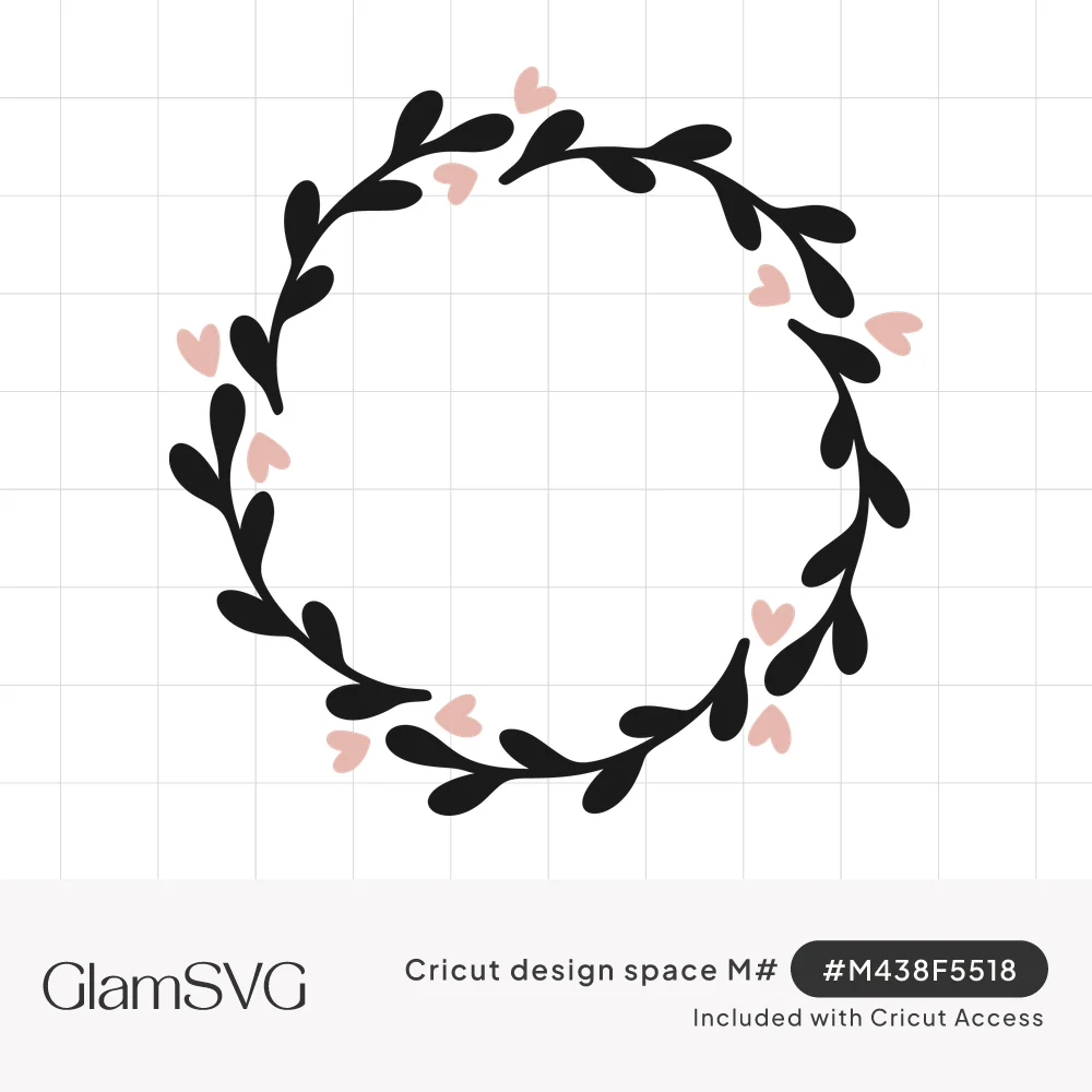 Circular wreath of bold black leafy vines with small pink hearts scattered around it and an empty center