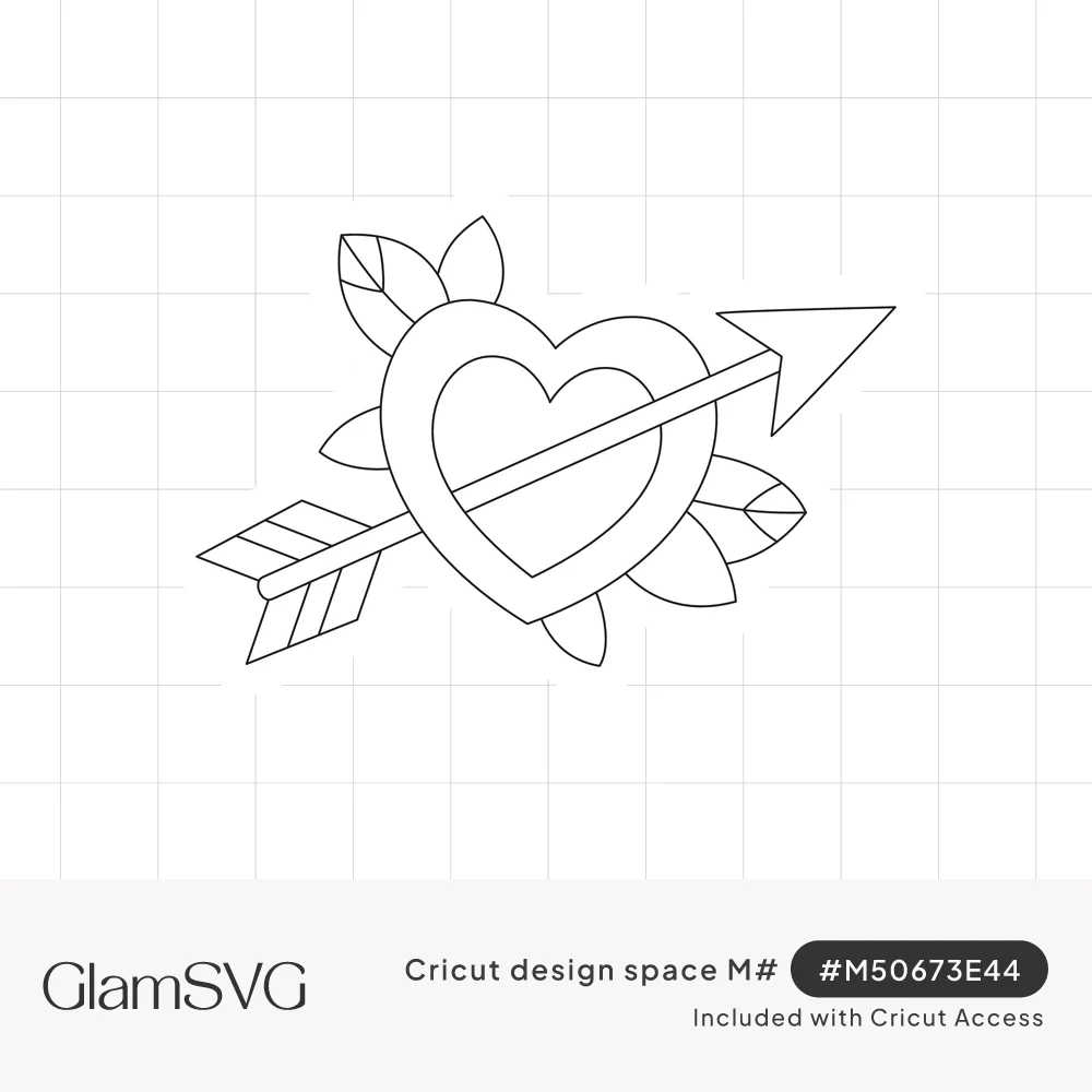 Outline drawing of a tattoo-style heart pierced by an arrow with leaves behind it, inside a sticker border