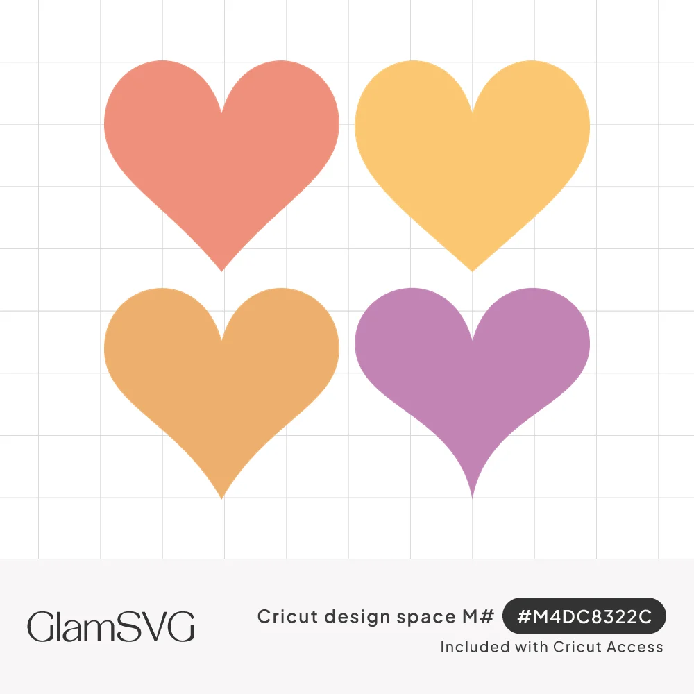 Four solid hearts arranged in a grid in coral, yellow, apricot orange, and lilac purple on a white background