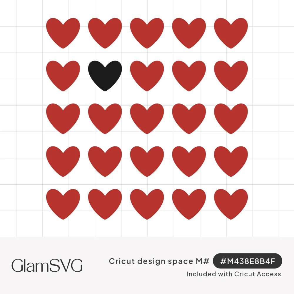 Square grid of twenty-five red hearts with one black heart in the second row, second column