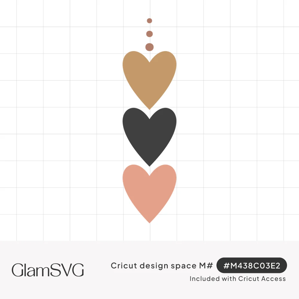 Vertical stack of three hearts in tan, charcoal and blush pink topped with three small dots