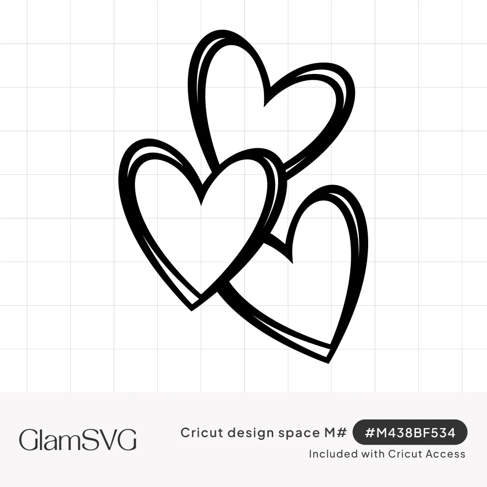Three overlapping black outlined hearts with thin inner highlight lines, arranged in a loose tumbling cluster