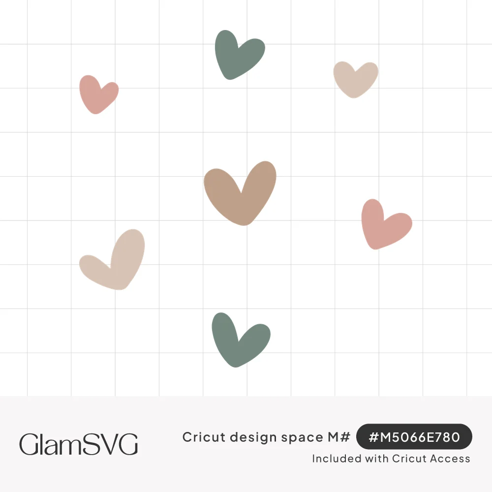 Seven small hand-drawn hearts in muted pink, sage green, beige and tan scattered on a white background