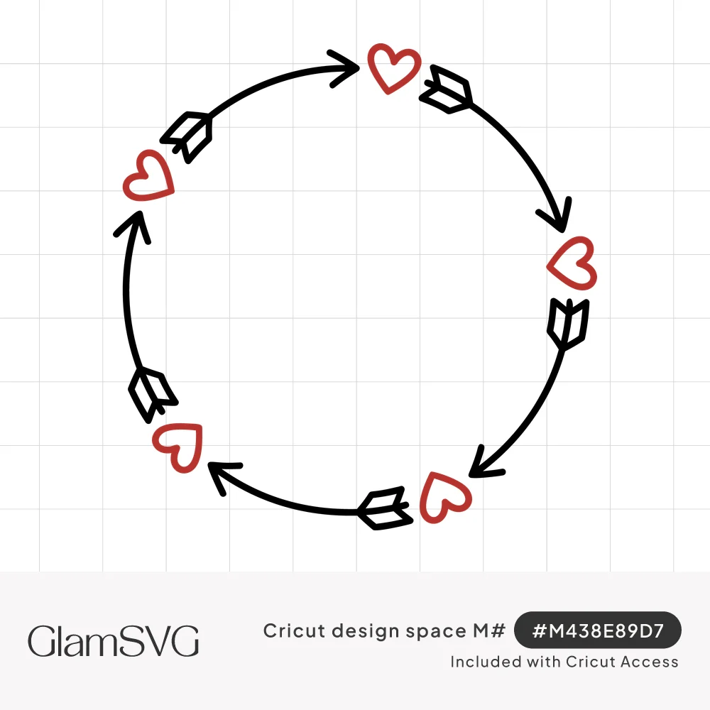 Circular frame of curved black arrows with feathered tails, each pointing to a small red outlined heart