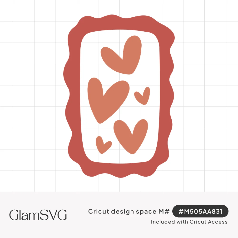 Wavy red stamp-shaped frame holding five scattered terracotta hand-drawn hearts of different sizes