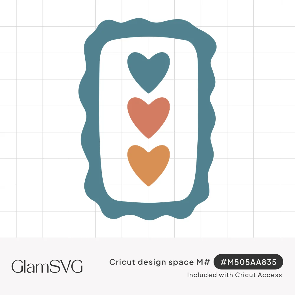 Teal, coral and mustard hearts stacked vertically inside a wavy-edged teal postage stamp frame