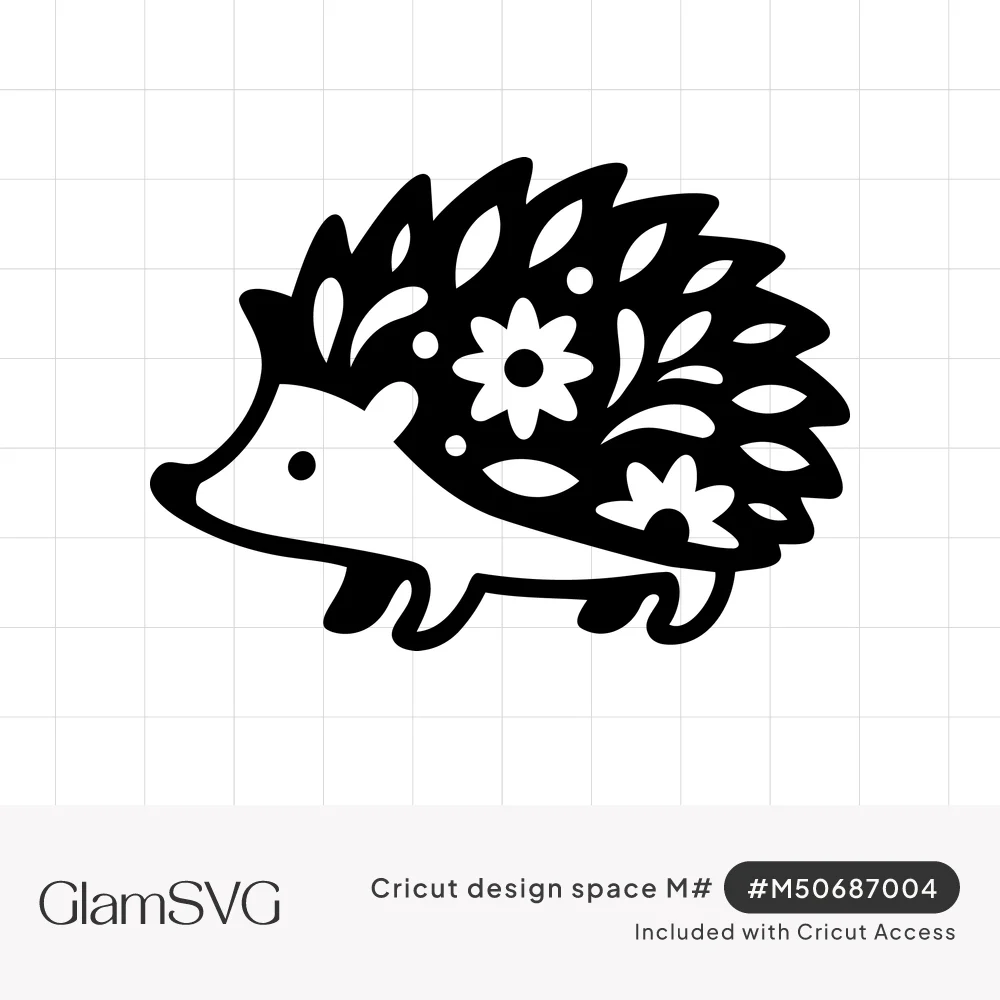 Black silhouette of a hedgehog with spines shaped like leaves and small white daisy flowers cut into its back