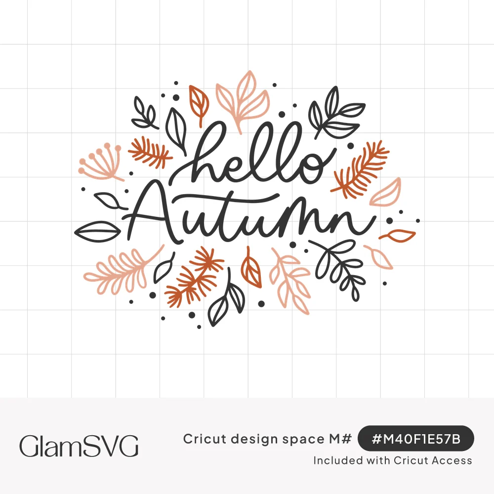 Script lettering reading hello Autumn surrounded by hand-drawn leaves, ferns and dots in rust, blush pink and charcoal