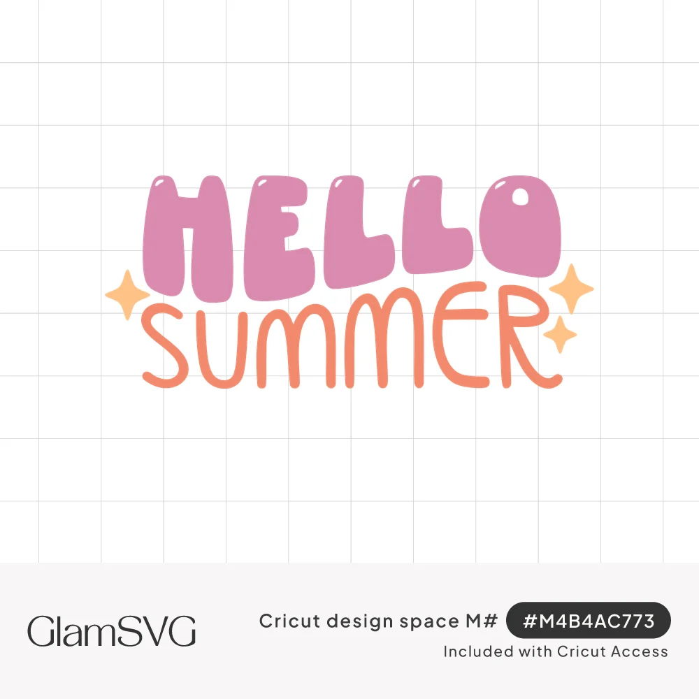 Hello Summer in glossy pink bubble letters above coral hand-drawn script, framed by small peach sparkles