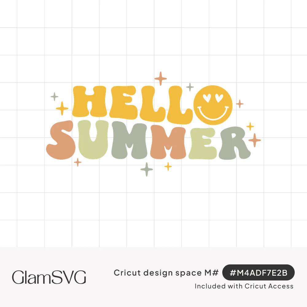Groovy bubble letters spelling Hello Summer in yellow, peach and sage with a heart-eyed smiley face and sparkles