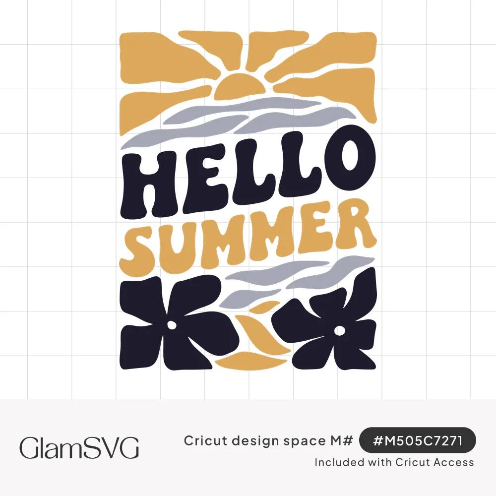 Groovy Hello Summer lettering with a mustard sun, gray waves and two dark navy flowers in a stacked retro block